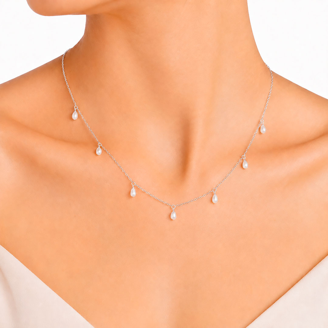 Pearl Droplet Station Charm Necklace Margot