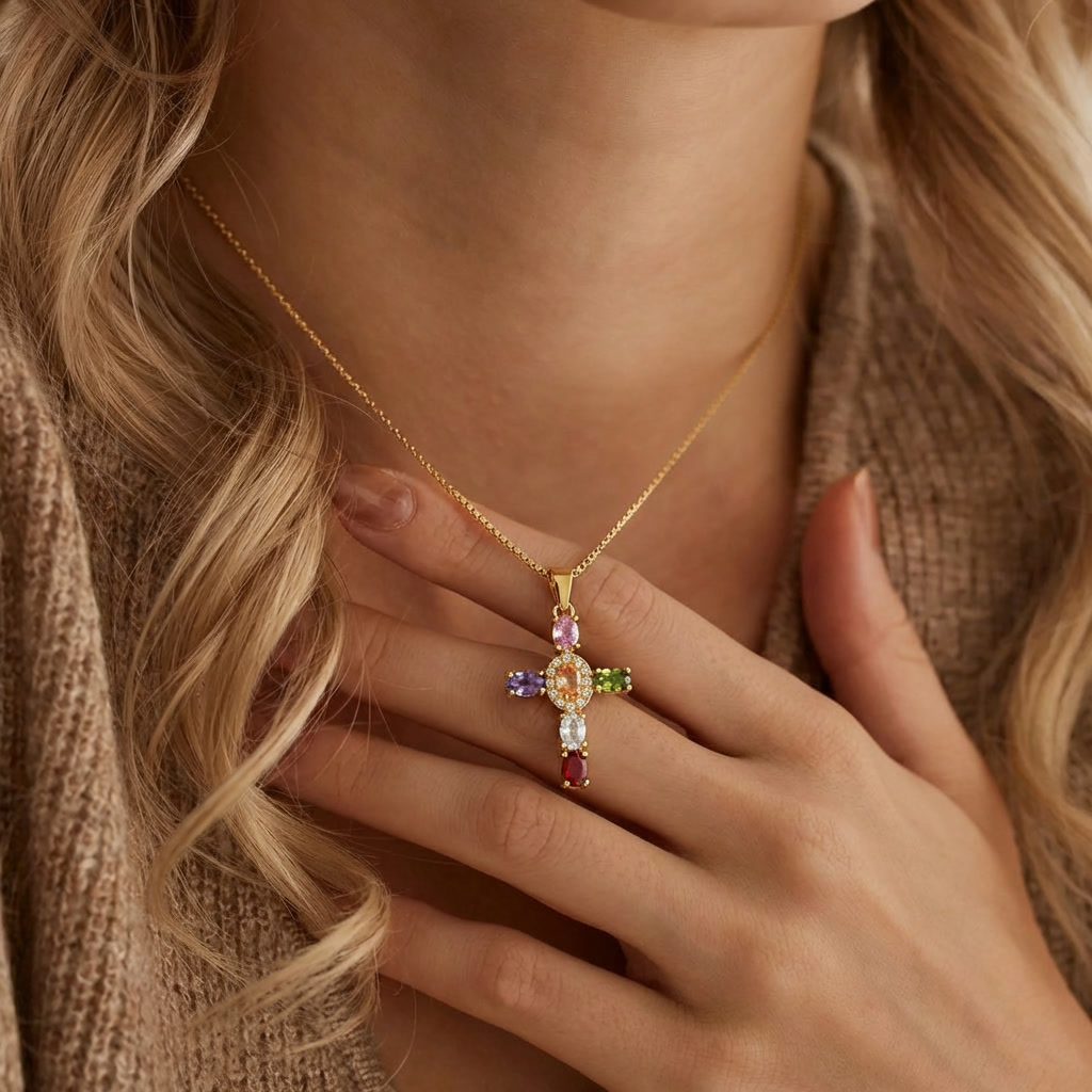 Colorful Cross Necklace Gold Margot