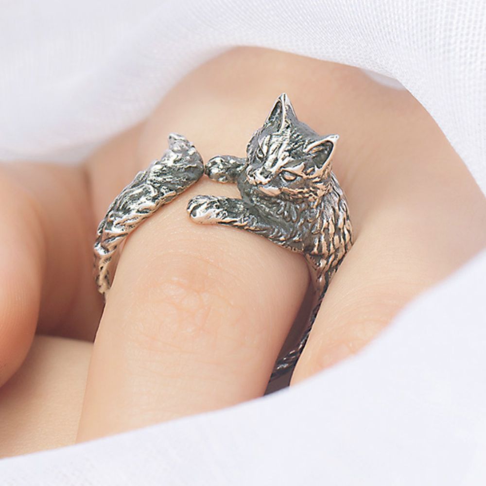 Cat Motif Adjustable Silver Ring Margot