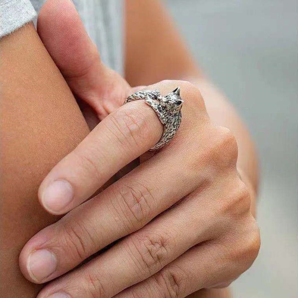 Cat Motif Adjustable Silver Ring Margot