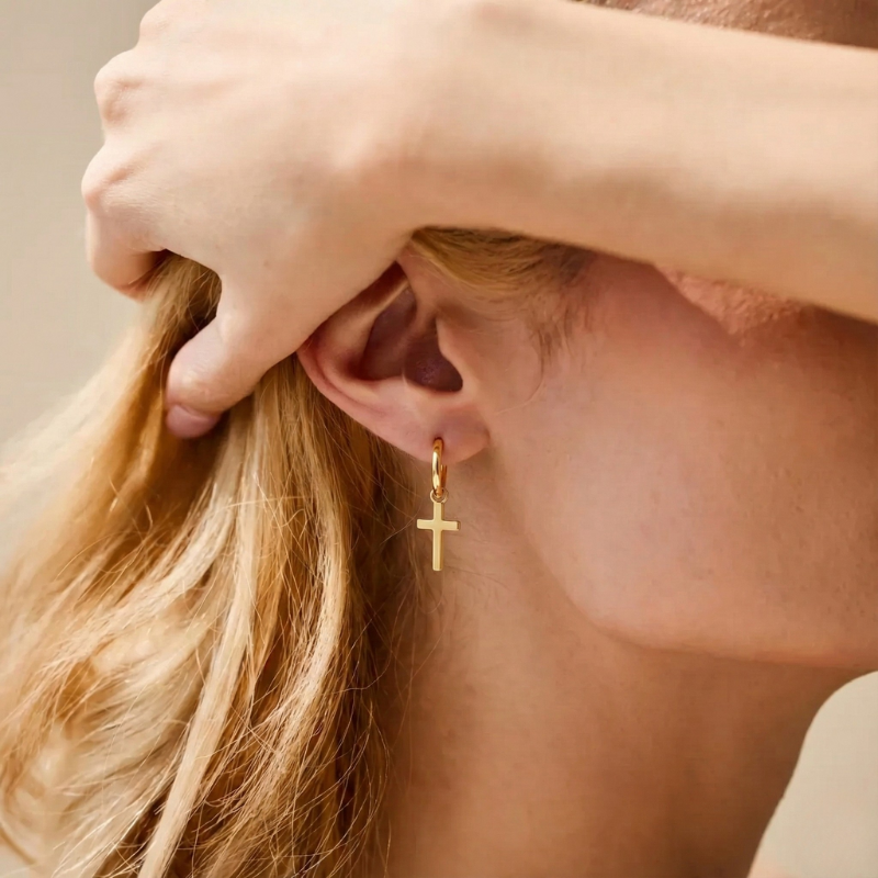 Classic Gold Hoop Earrings with Cross Margot