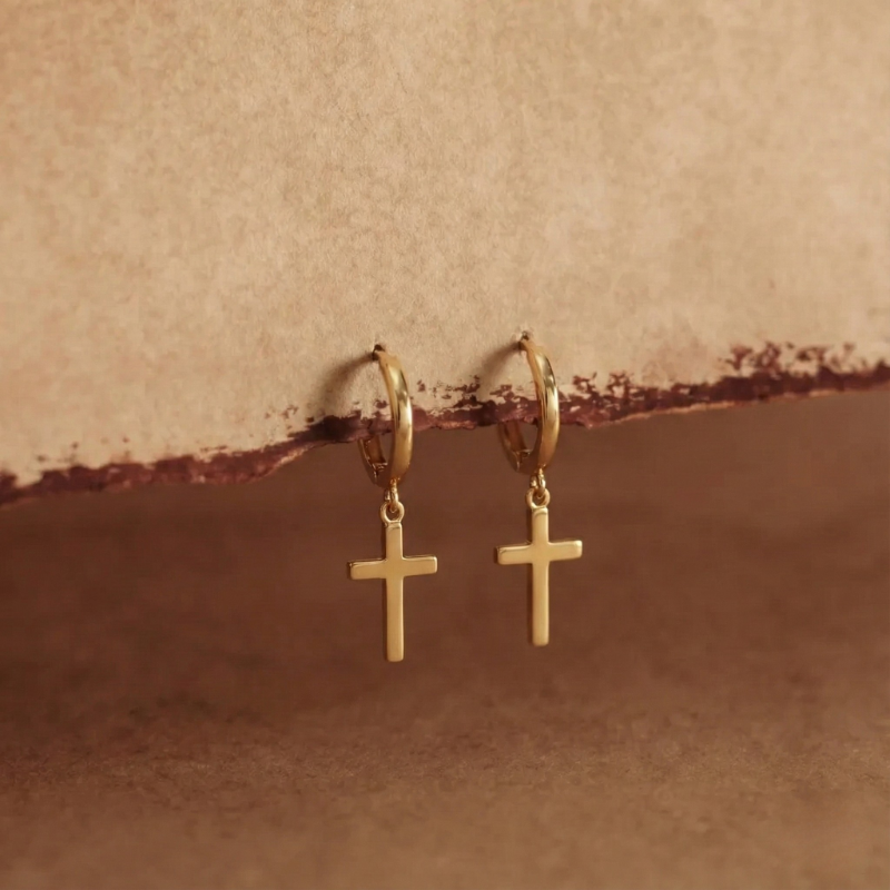 Classic Gold Hoop Earrings with Cross Margot