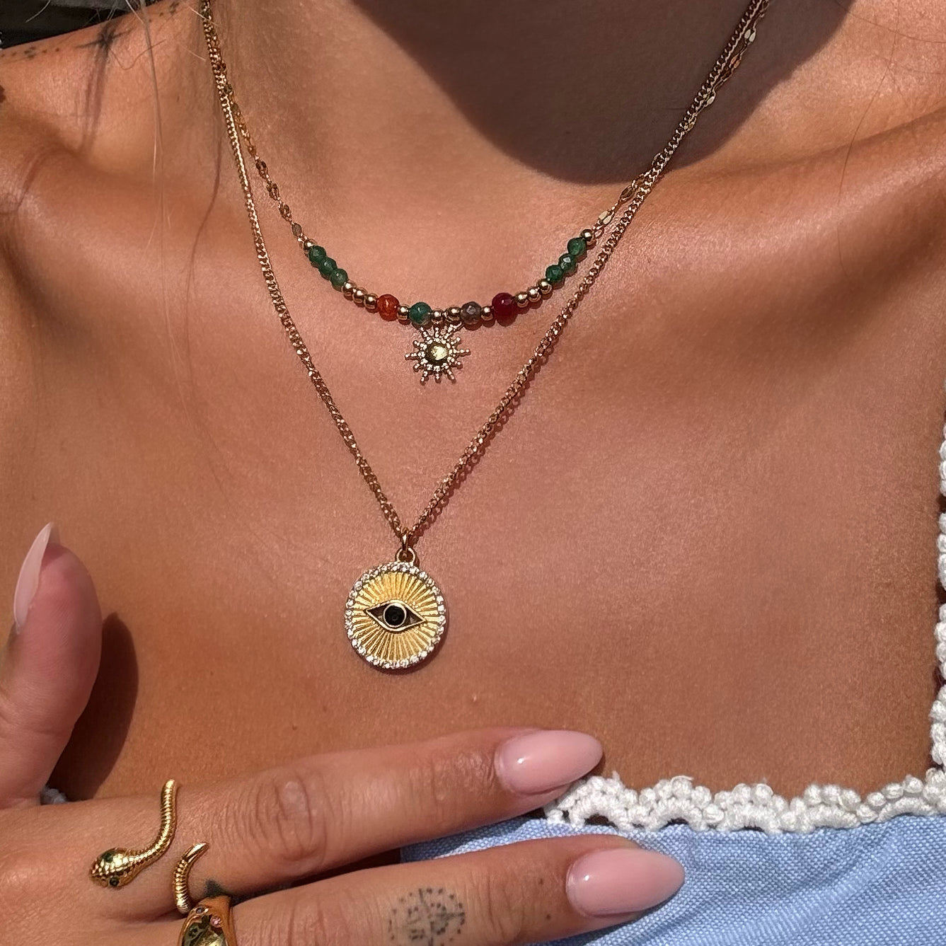 Colorful Beaded Sun Pendant Necklace Gold Margot