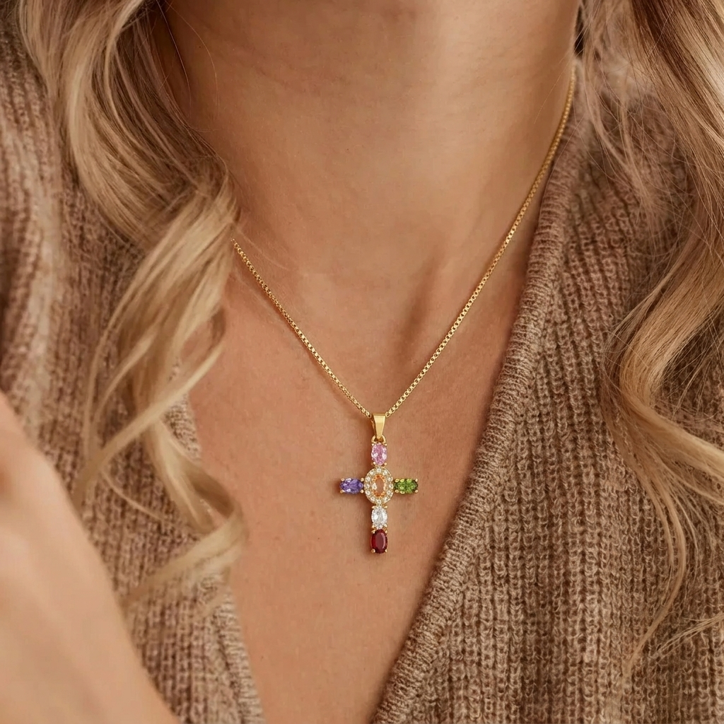 Colorful Cross Necklace Gold Margot