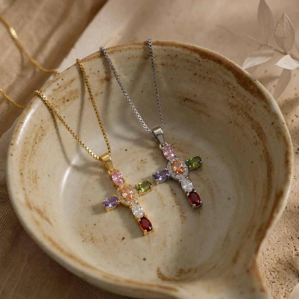 Colorful Cross Necklace Gold Margot