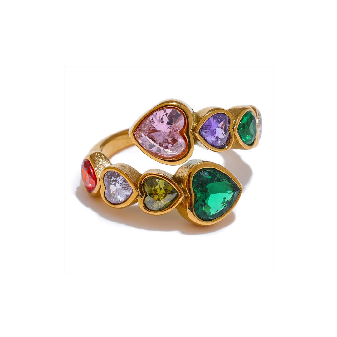 Colorful Heart Crystals Gold Ring Margot