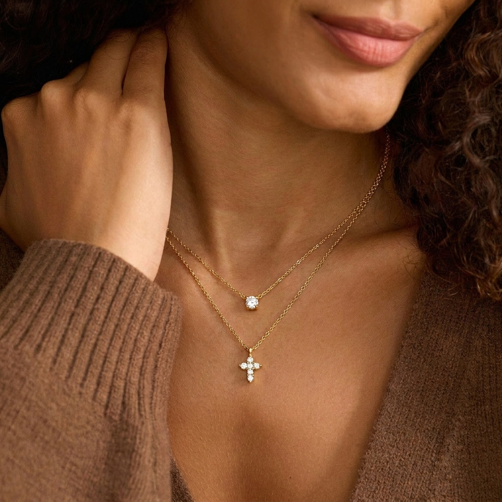 Dainty Cross Crystal Necklace Gold Margot
