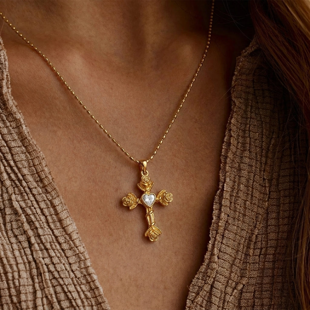 Floral Gold Cross Necklace Margot