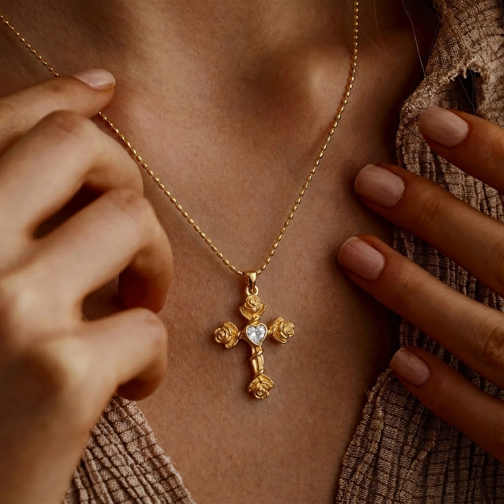 Floral Gold Cross Necklace Margot
