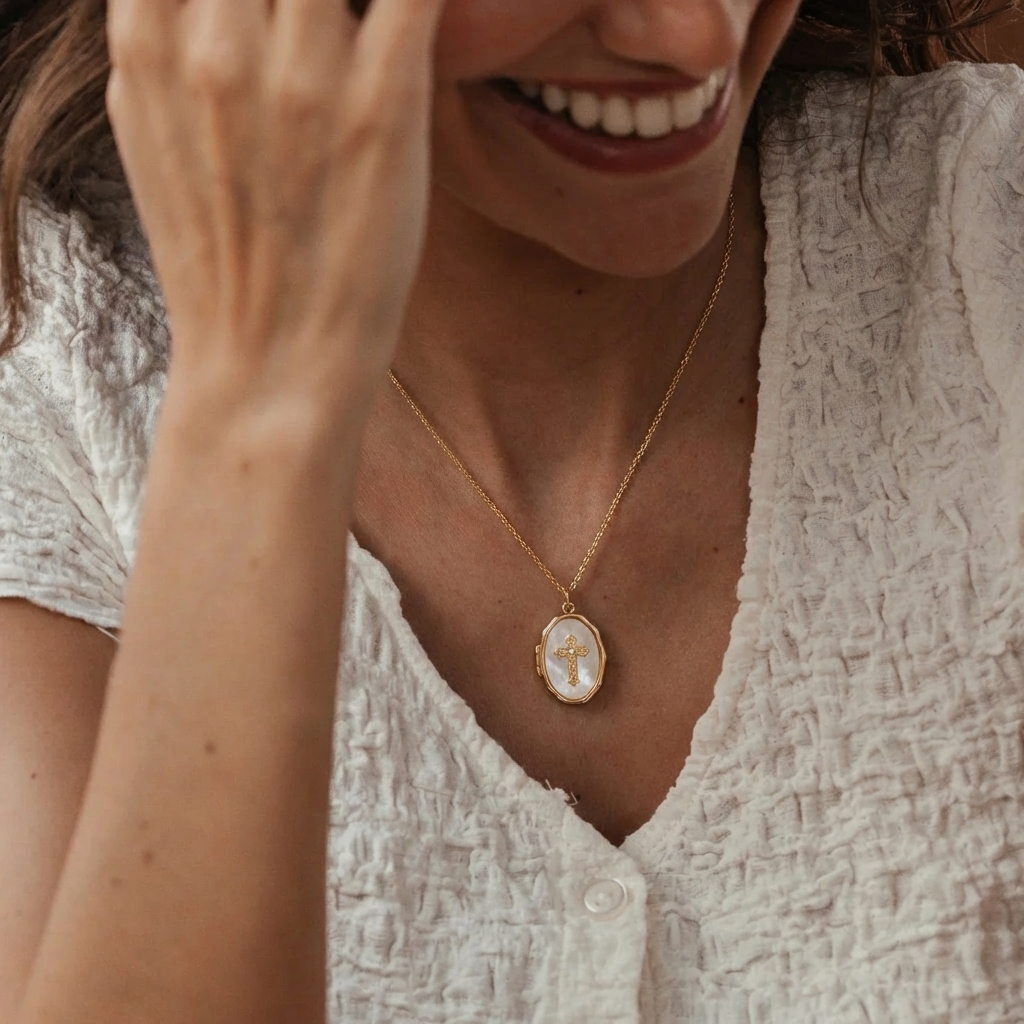 Gold Cross Locket Necklace Margot