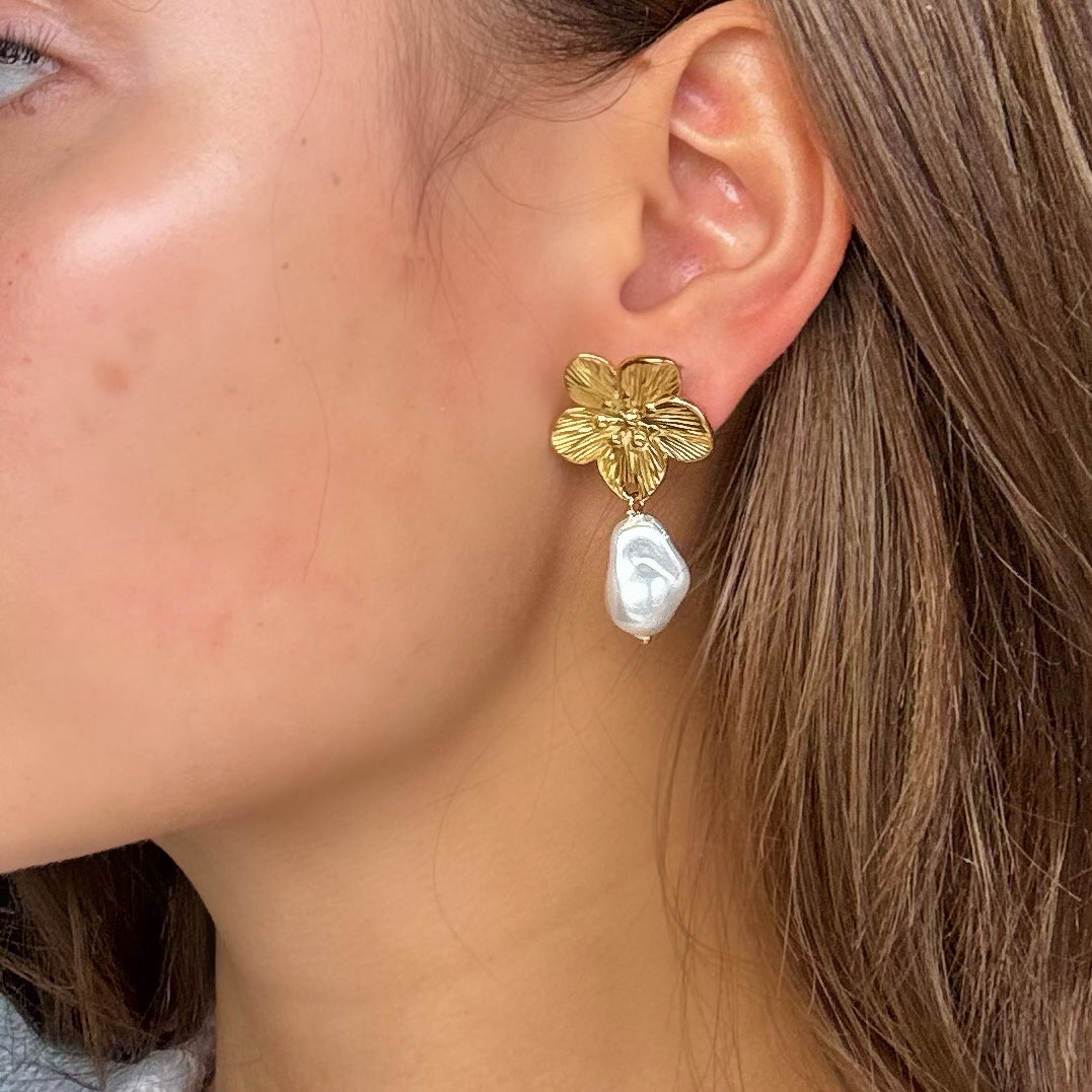 Gold Flower Pearl Drop Earrings Margot