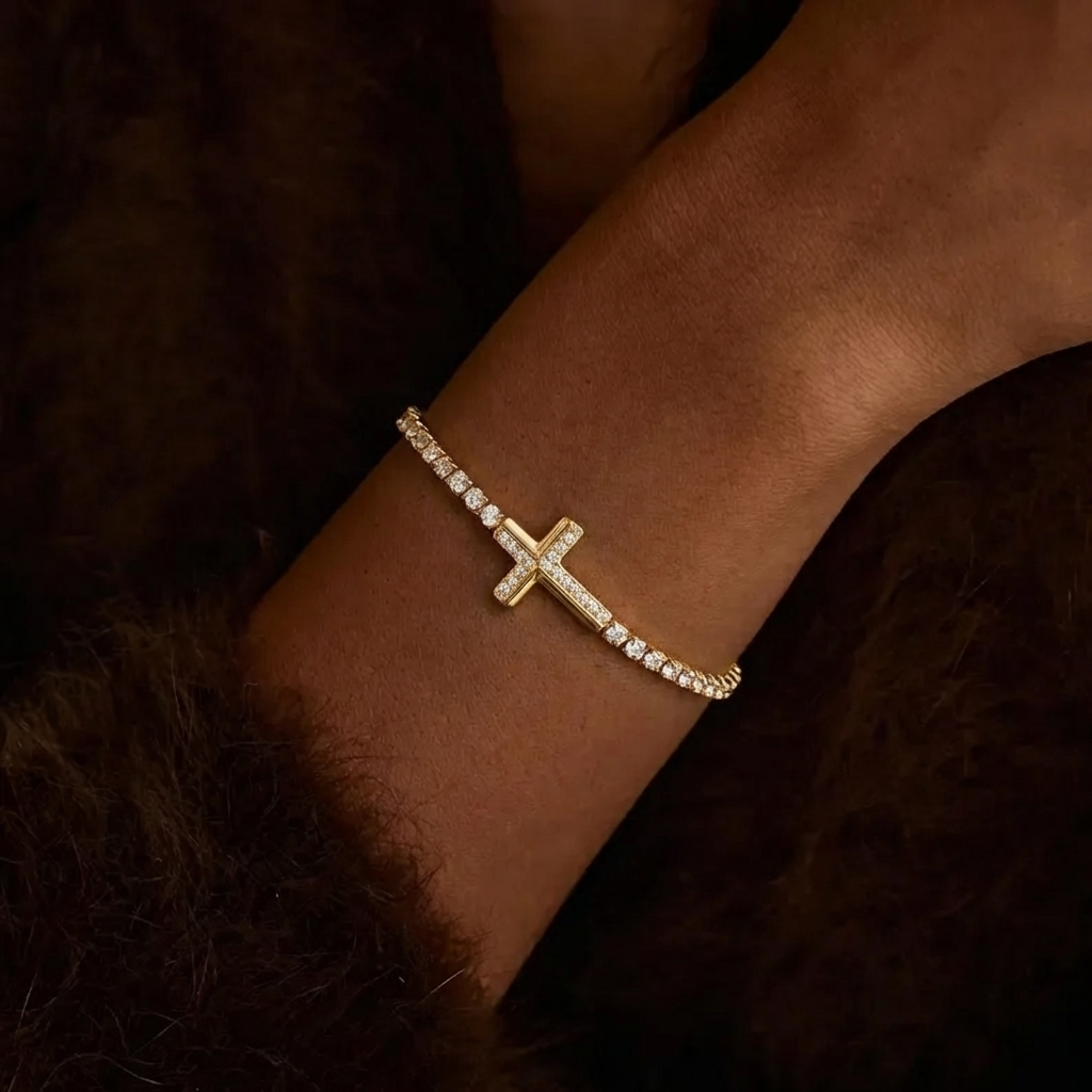 Pave Gold Bracelet with Cross Design Margot