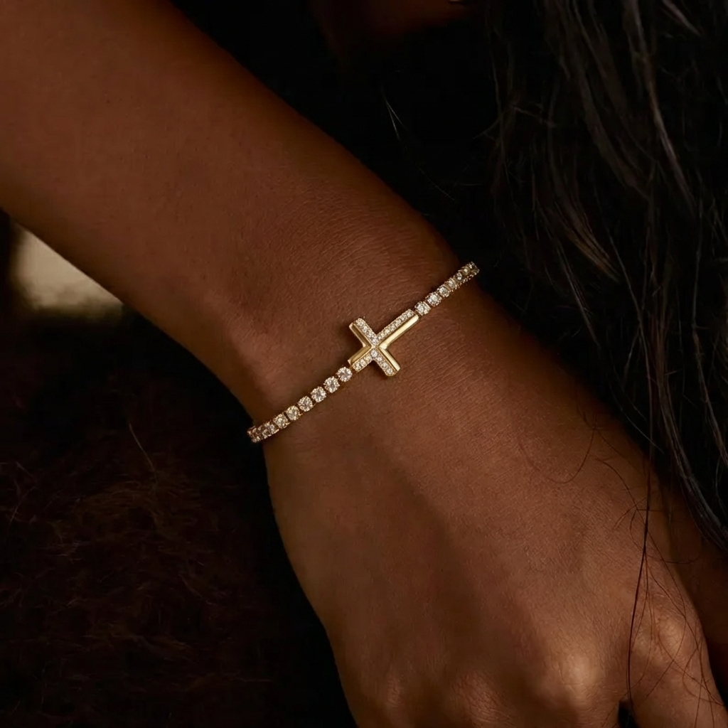 Pave Gold Bracelet with Cross Design Margot