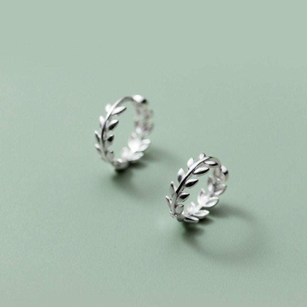 Silver Tiny Olive Leaves Hoop Earrings Margot