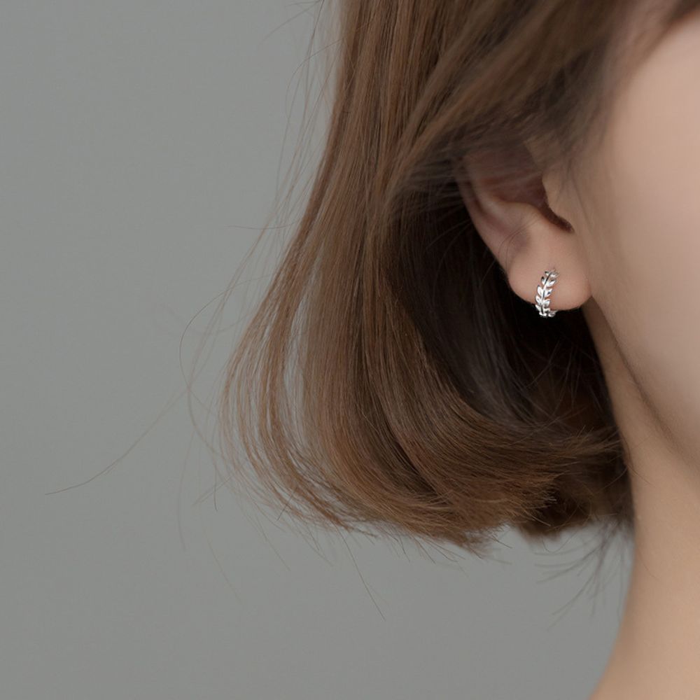 Silver Tiny Olive Leaves Hoop Earrings Margot
