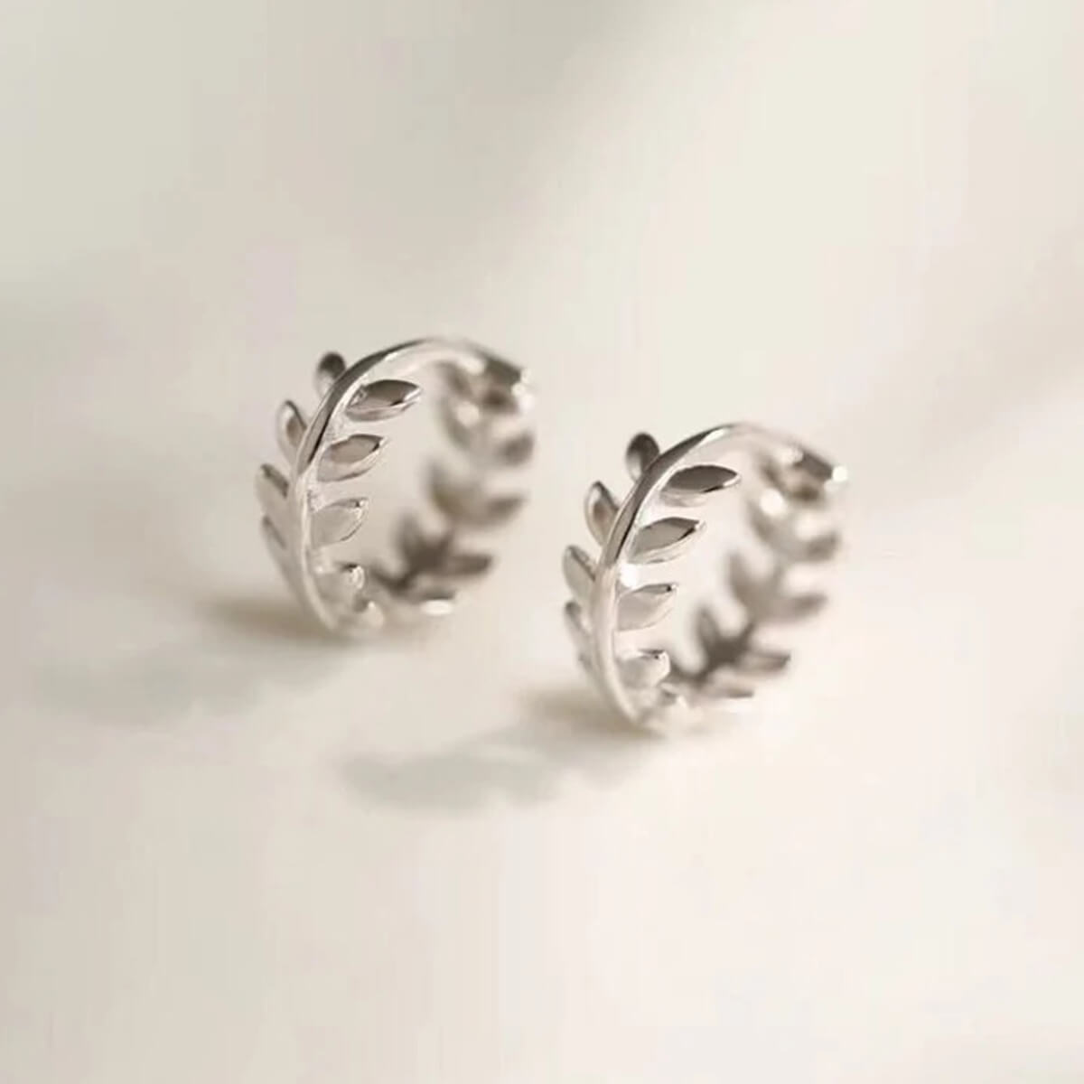 Silver Tiny Olive Leaves Hoop Earrings Margot