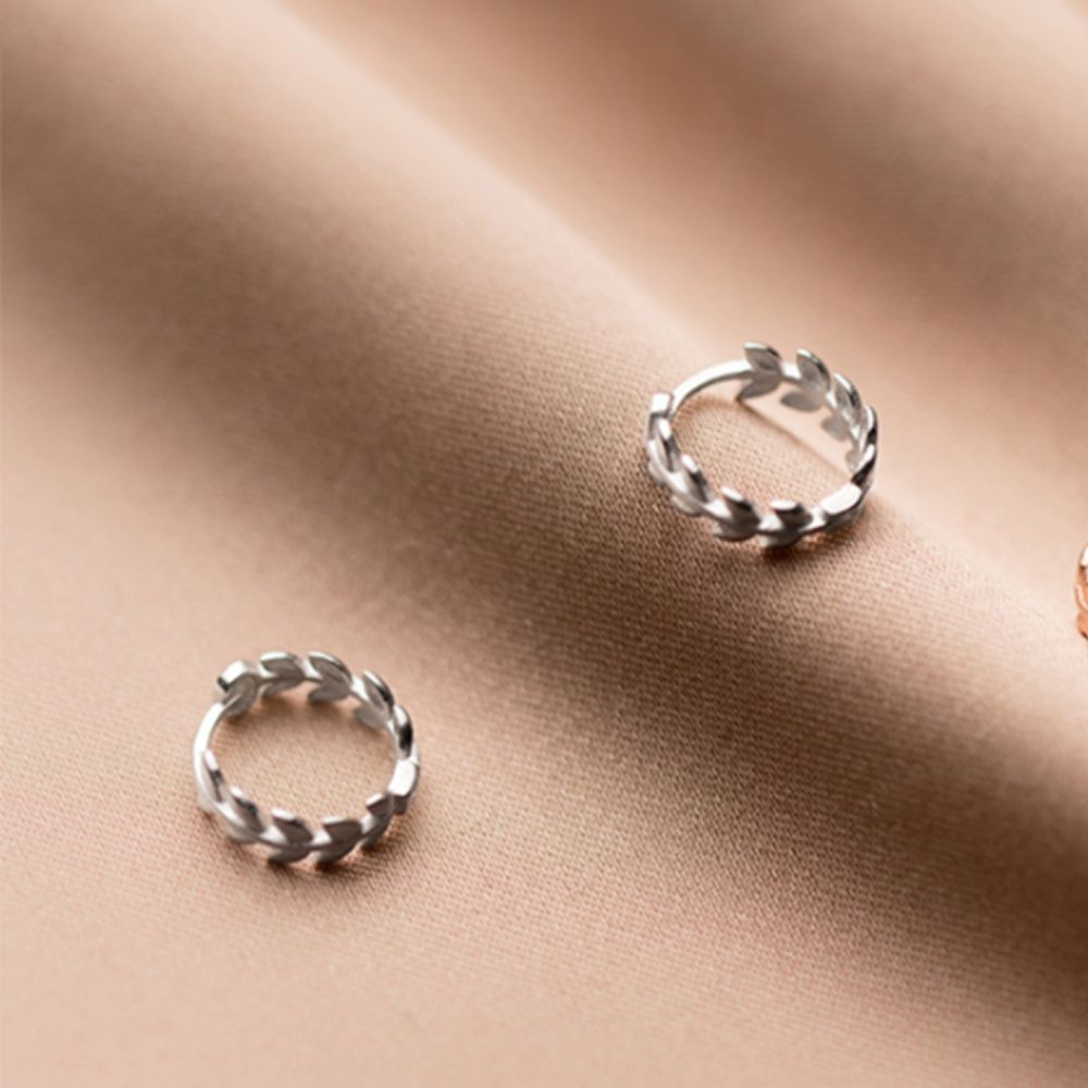Silver Tiny Olive Leaves Hoop Earrings Margot